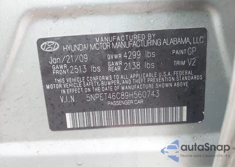 2009 Hyundai Sonata Gls из США, поврежденный, VIN 5NPET46C89H560743